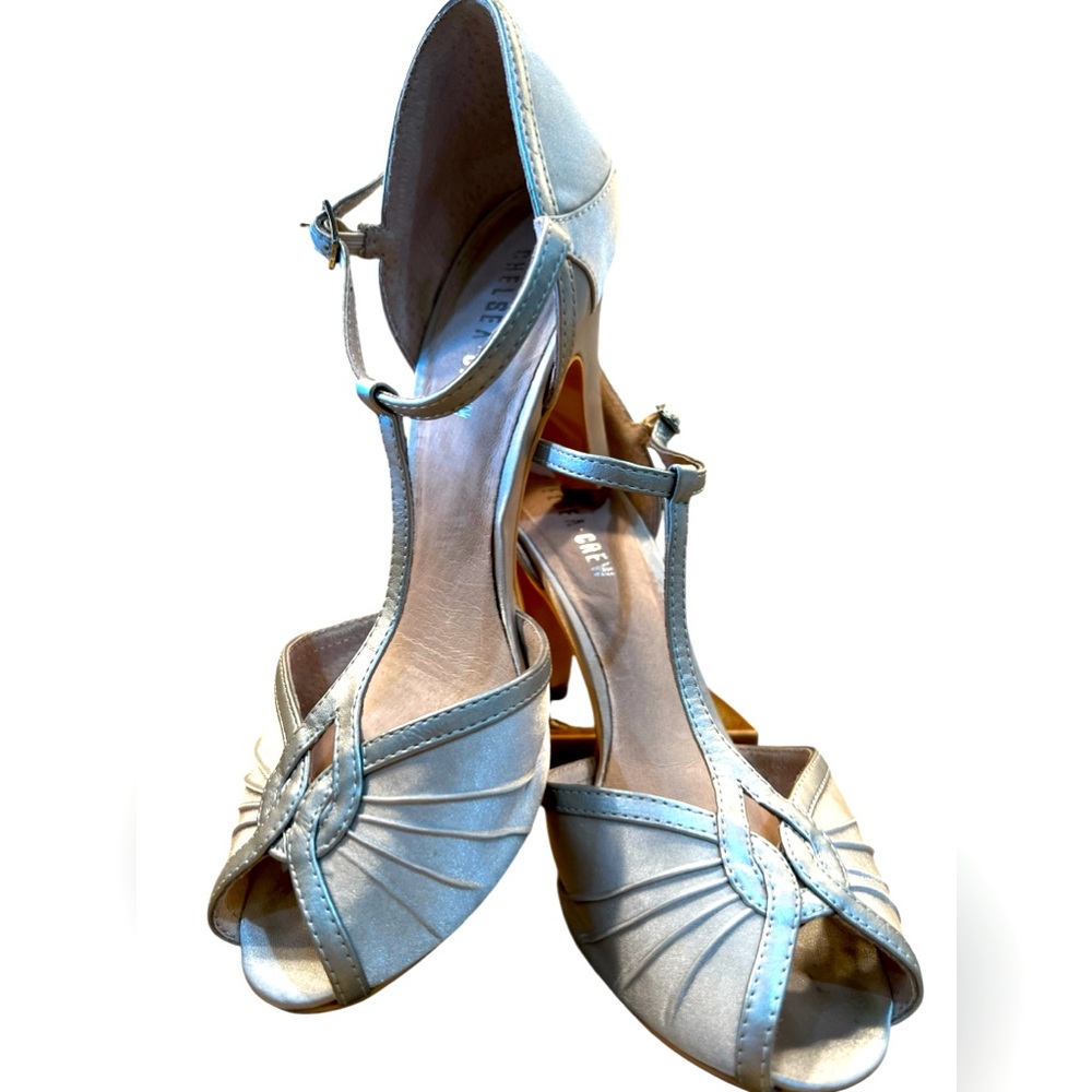 Light silver satin peep toe pumps size 9.5/40